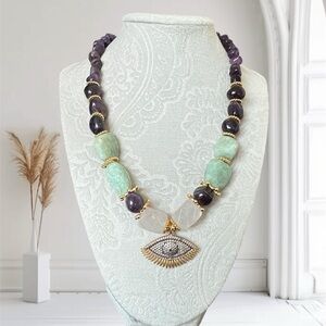 Pink Quartz Handcrafted Necklace with Devil Eye Pendant